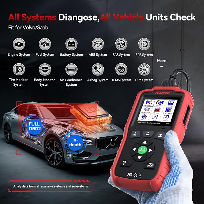 Multi-system OBDII Scanner for Volvo/Saab, iCarsoft i906 Full System Car Diagnostic Tool, Automotive Code Reader with Oil/SAS Reset, Battery Test, Live Graph Data, Full OBD Maintenance