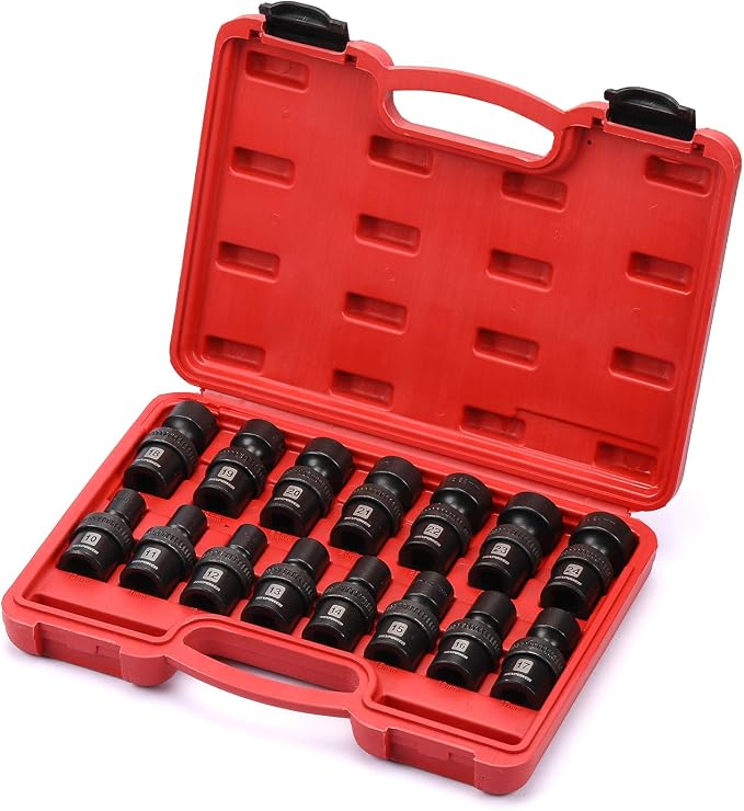 MIXPOWER 15-piece 1/2" Drive Shallow Universal Impact Socket Set, 6 Points, Metric, 10-24mm, Swivel Socket with Flexible Wobble, CR-MO, Heavy Duty Storage Case… B08JTJVV8M