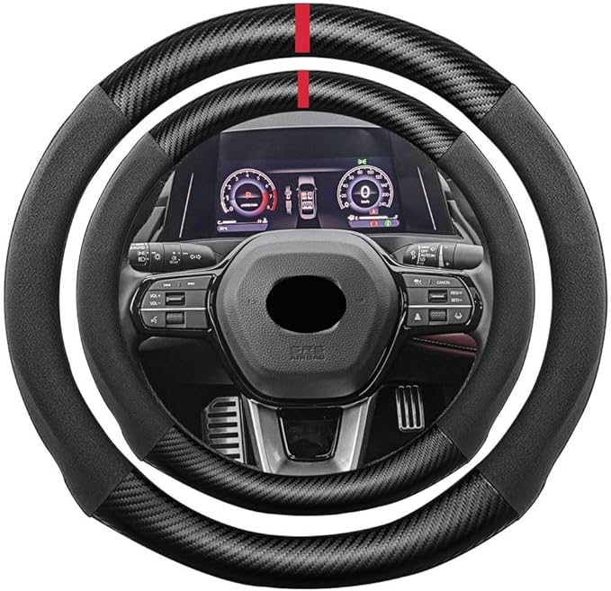 Suede Carbon Fiber Steering Wheel Cover, Compatible with Accord Civic Clarity CR-V Insight Odyssey Passport Pilot Ridgeline 15 inch Suede Leather Sport Non-Slip Interior Accessories