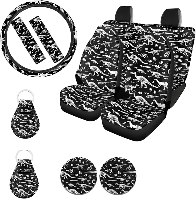 Ystardream Dinosaur Print Car Seat Covers Full Set – Front and Rear Bench Back Seat Cover Set with Steering Wheel Cover/Seat Belt Cover/Cup Coasters/Keyrings Cute Cartoon Car Accessories