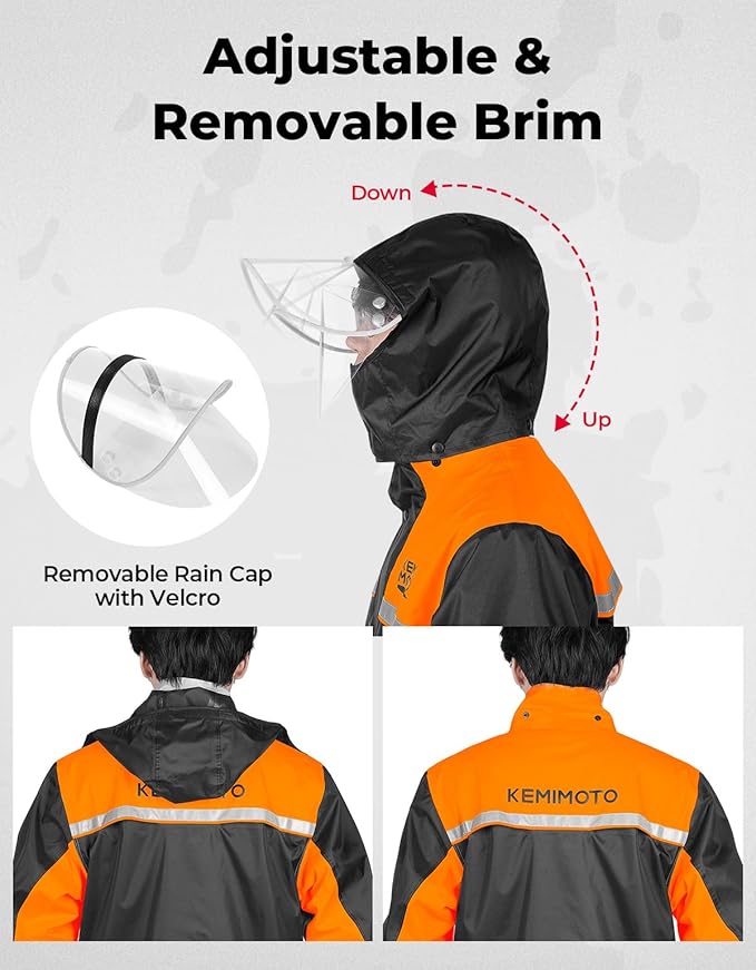 KEMIMOTO Rain Suit for Men, Motorcycle Rain Gear Waterproof Protective Rain Coat with Pants 2 Pieces Rainsuit Breathable Outdoor Fashion Orange 2XL