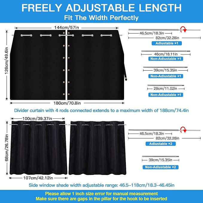 ZATOOTO Car Window Shades with Rods Set of 3, Car Shades for Back Windows Baby & Privacy Blackout Car Divider Curtain Opaque Suede Totally Blackout Length Adjustable for Most Car SUV Truck Van MPV