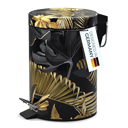 Sanilo Small Bathroom Trash Can with Lid [1.3 Gallon] - Lidded Tiny Trashcan for Garbage - Mini Metal Bin with Soft Closing Mechanism - Bath Room Accessoire Wastebin with Inner Bucket (Golden Leaves)