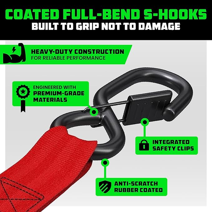 Rhino USA Ratchet Straps Heavy Duty Kit (2-Pack) - 1.6 Inch x 8 Feet Min Break Strength (5,000) - Ultimate Tie Down Straps with Safety S Hooks for Trucks, ATV, UTV, Motorcycle, Cargo & More - Red