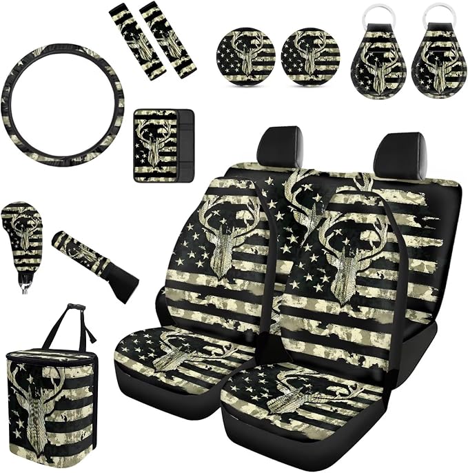 Forchrinse 15pcs Hunting Deer American Flag Car Seat Covers with Steering Wheel Cover+Armrest Cover+Seatbelt Covers+Keychain+Coaster Patriotic Auto Protector