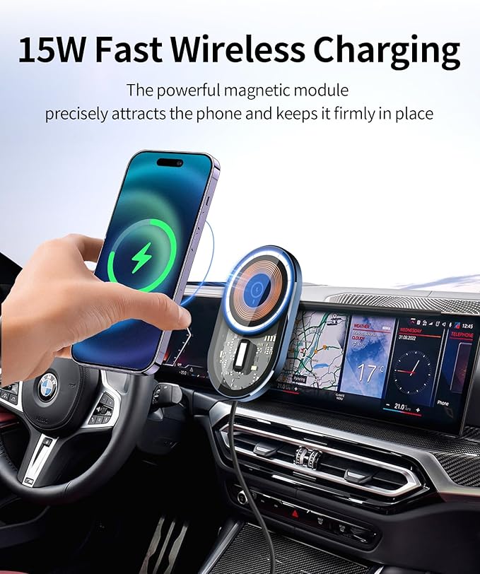 Wireless Charging Car Phone Holder for BMW 3 Series 2023-2026 / 4 Series 2024-2026 / 2 Series 2025-2026 / i4 2022-2026, 14.9" Screen Fixed Clip, 360° Rotation Car Phone Mount Compatible with MagSafe