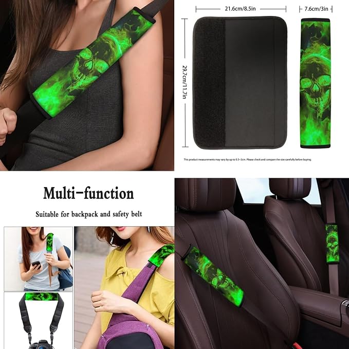 Green Flame Skull Car Interior Accessories Set of 8, Car Seat Covers with Auto Steering Wheel Cover, Center Console Pad, Seat Belt Covers, Automotive Decorations