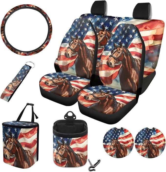 Horse American Flag Pattern Car Seat Covers Full Set, Car Interior Decor Set of 10 Steering Wheel Cover Cup Coasters Car Trash Can Air Vent Pounch Bag Keychain Universal Fit for SUV Truck Van