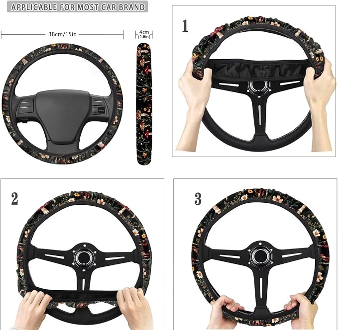 POLERO Cottagecore Moth Mushroom Seat Covers Set for Cars Floral Steering Wheel Cover Set 11Pcs Dark Botanical Seat Belt Pads Cute Car Interior Coasters Keychains