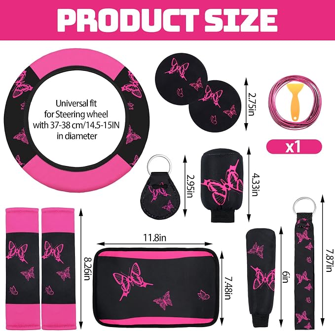 BBTO 47 Pcs Car Seat Full Set Car Accessories for Women 5 Front Rear Seat Covers Wrist Strap 2 Pieces Cup Mat Armrest Pad 2 Belt Cover Accessories for SUV(Rose Red)