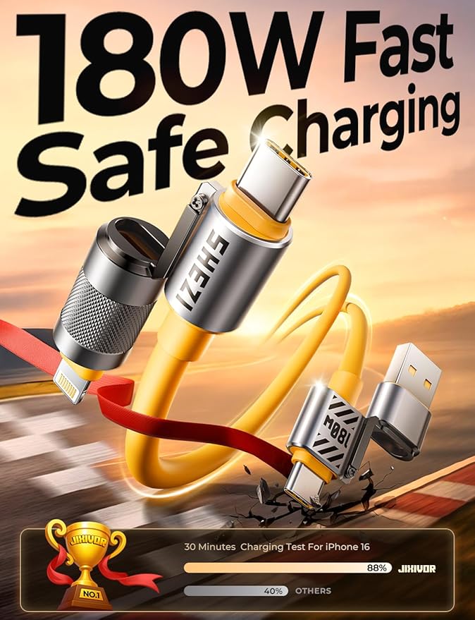 3 Packs Car Cable Bundle, Coiled USB C Cable 5FT 100W(Yellow) with Clip, Braided USB C to USB C Cord 10FT 60W(Gray) and Silicone 4 in 1 Fast Charger 5FT 180W(Yellow)