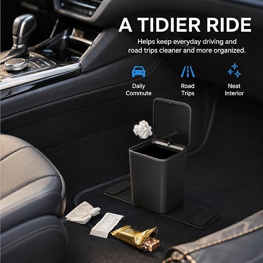 Mini Car Trash Can with Press Lid, Leakproof One-Piece Design, ABS Plastic Garbage Bin with Stainless Steel Spring for Auto Interior (Black)