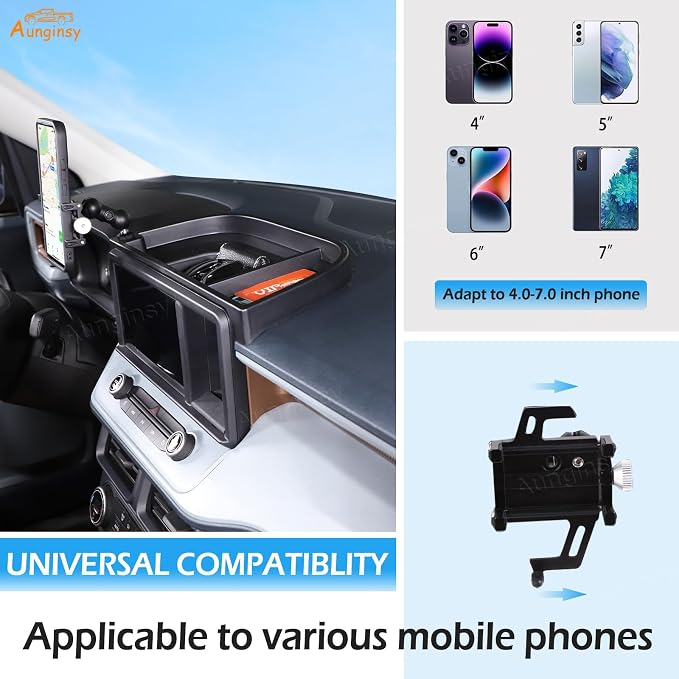 Aunginsy Center Console Dash Storage Tray Compatible with Ford Maverick 2022 2023 2024 Dashboard Multi-Functional Phone Holder Storage Box Organizer Tray Insert with Mobile Phone Mount Accessories