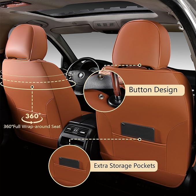 FLORICH Car Seat Covers, Brown Leather Seat Covers for Cars, Faux Nappa Leather Automotive Seat Protectors, Car Seat Cushions Universal Fit for Most Sedans SUVs Trucks - Brown
