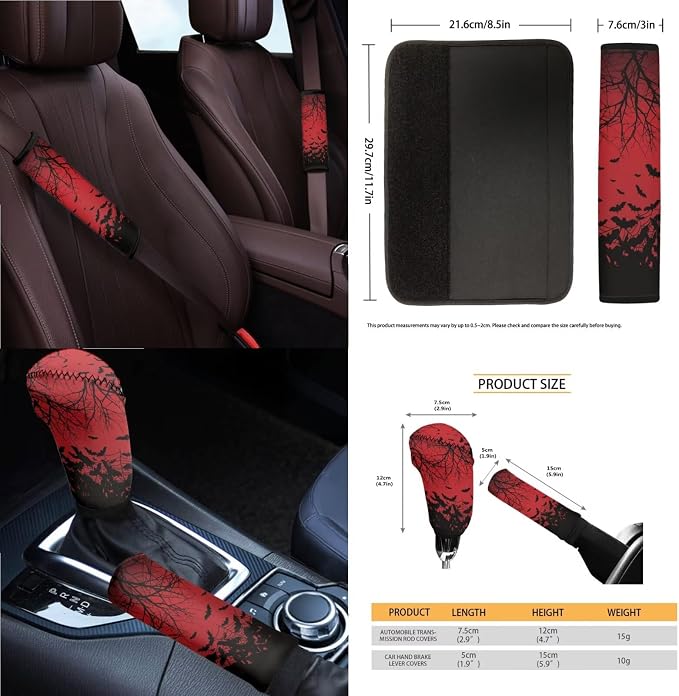 Bat Print Car Seat Covers Full Set High Back Bucket Seat Covers with Steering Wheel Cover Center Console Armrest Pad Seatbelt Pads Car Rear View Mirror Protector Garbage Bag