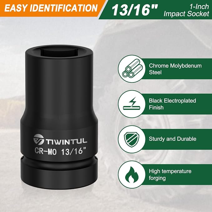 13/16" Impact Socket 1" Drive, for Truck Axle Nuts & Hub Removal | Square, 6 Point Design, CR-MO ANSI Certified, Heavy Duty Socket 1 Inch Drive for Suspension & Heavy Equipment Maintenance