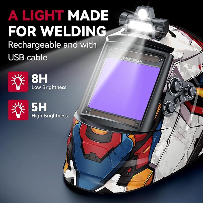 ARCCAPTAIN Large View 3.94" x 3.66" True Color Auto Darkening Welding Helmet with Light, Solar Powered Welding Hood, 4 Arc Sensor Wide Shade 4/5-9/9-13 for Stick MIG TIG Cut,MF