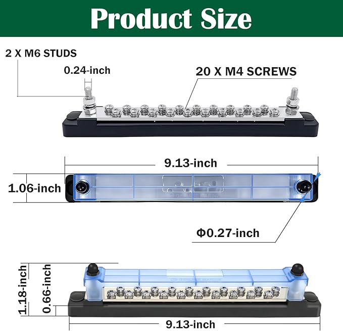 LENKRAD 20 Power/Ground Distribution Block Automotive Bus Bar 12V Marine Bus Bars, 150A Battery Terminal, New Energy Busbar 12V/48V Terminal Block Kit, 20 x M4 Terminal Screws, 2 x M6 Post - 2 Packs