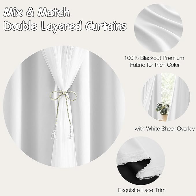 XiDi White Blackout Curtains 96 Inches Long for Bedroom 2 Panels Mix & Match Double Layer Curtains with Sheer Overlay Thermal Insulated Window Treatment White Drapes for Living Room Grommet Top 52x96