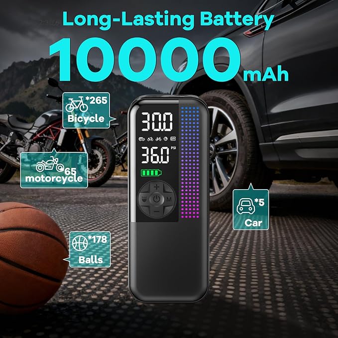 WEOLULI Tire Inflator Portable Air Compressor,150 PSI Cordless Air Pump, 12V DC Car Plug,Dual Power 10000mAh, Fast Inflation 24L/Min, 4 Preset Modes for Car, Bike, Motorcycle, Balls (Black, 10000mAh)