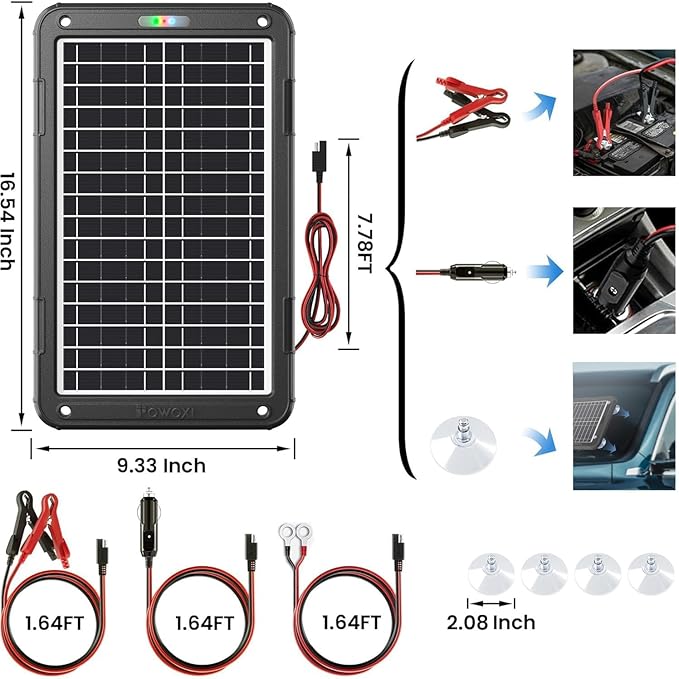 POWOXI 12V Solar Car Battery Charger: 15W Solar Panel Kit Battery Trickle Charger Maintainer with Smart PWM Controller for Car - RV Boat Marine Motorcycle - for Trailer Truck Snowmobile Tractor