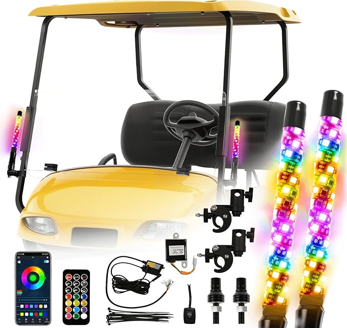 2 Pack 1FT Golf Cart Front Rail Whip Lights, LED Light Bluetooth App & Remote Control, Spiral RGB Music Chasing Lighted with Turn Reverse Brake Signal for 36V/48V/72V (Included DC Converter)