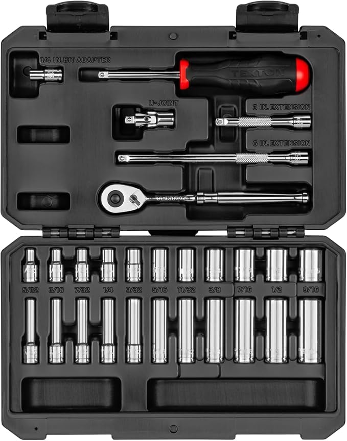 TEKTON 1/4 Inch Drive 6-Point Socket and Ratchet Set with Case, 28-Piece (5/32-9/16 in.) | SKT05102