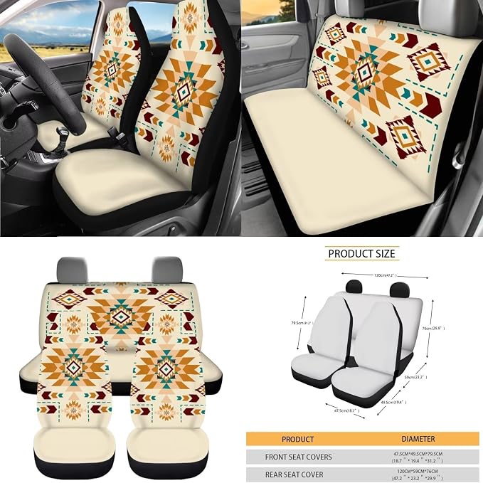 XYZCANDO Ethnic Prints Auto Interior 15 PCS Full Set Car Seat Cover Set Steering Wheel Cover Seat Garbage Bag Storage Box Belt Pads Cover Car Rear View Mirror Cover Coasters Keychain Fit Most Cars