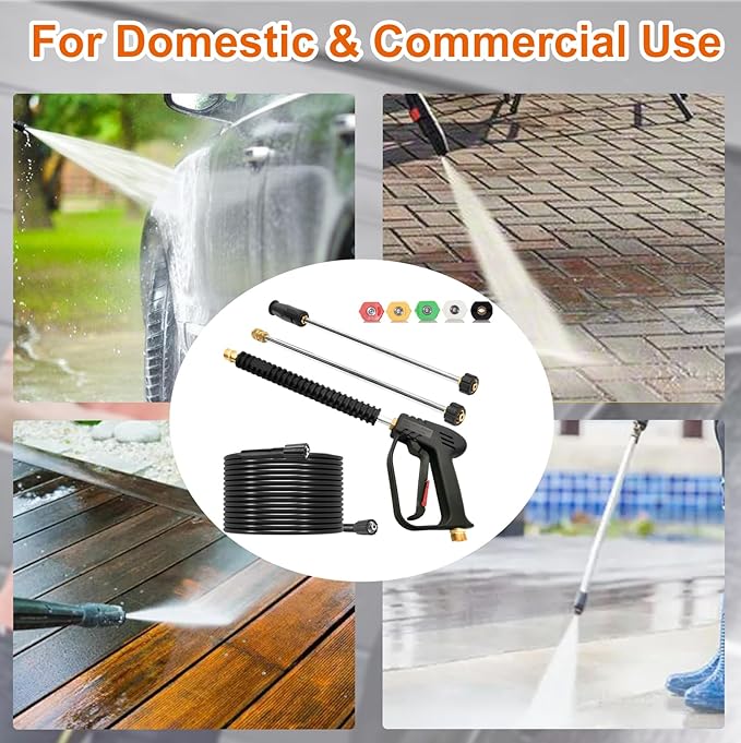 Pressure Washer Gun and Hose Kit,4000PSI Power Washer Gun with 26FT Power Washer Hose & 2 Extension Wands for Gas & Electric Pressure Washers,40 Inch Adjustable Length, M22 Fitting, 5 Nozzle Tips
