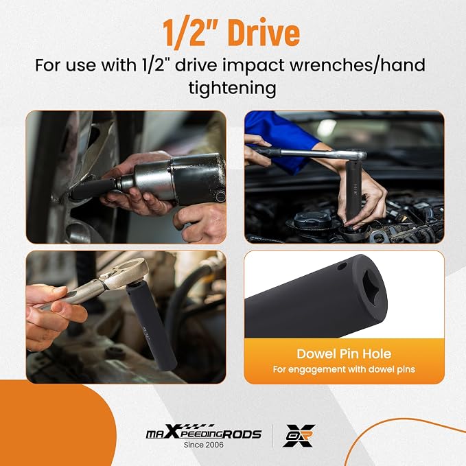 maXpeedingrods 1/2 Inch Drive Extended Length Impact Socket Set, 6Pcs Extra-Deep Length Extra-Deep Impact Set Heavy Duty with Case, 6 Sizes - Hex Sizes 3/4", 7/8", 15/16", 1-1/16”, 1-1/8", 1-1/4"
