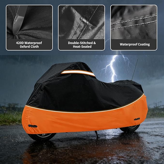 Heavy Duty Motorcycle Cover Waterproof Outdoor Storage - Road King Glide Street Glide Heritage Classic for Low Riders and Most Motorcycles(Black&Orange)
