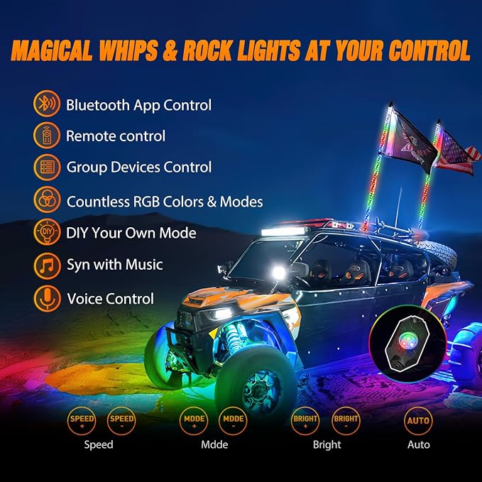 Nilight 2PCS 4FT RGB LED Whip Light and 8 PCS Rock Lights Combo, Remote & App Control w/DIY Chasing Patterns Stop Turn Reverse Safety Antenna Lighted Whips for ATV UTV