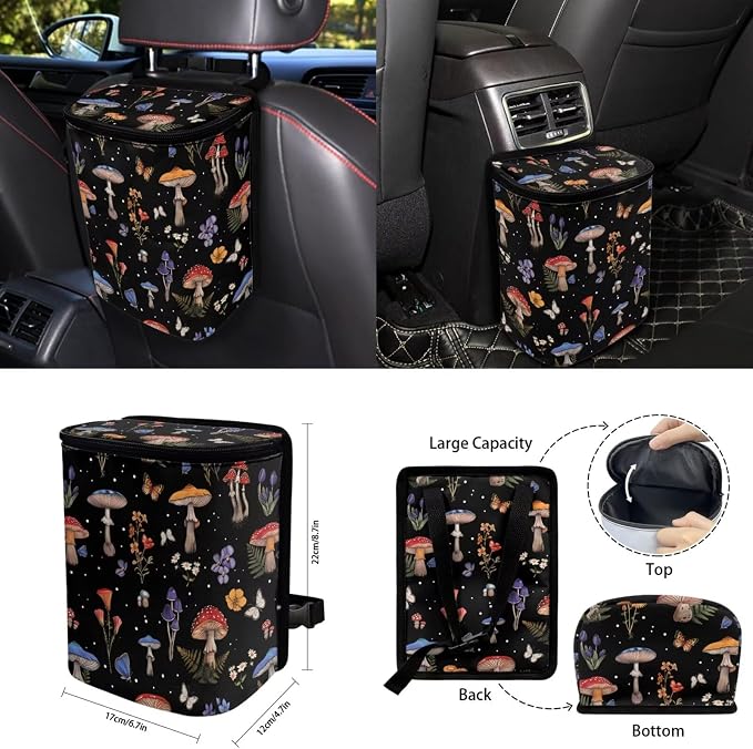 Mushroom Car Seat Cover Full Set 15 PCS, with Auto Steering Wheel Cover Seatbelt Shoulder Pad Coasters Garbage Bin Rear View Mirror Cover Keychain