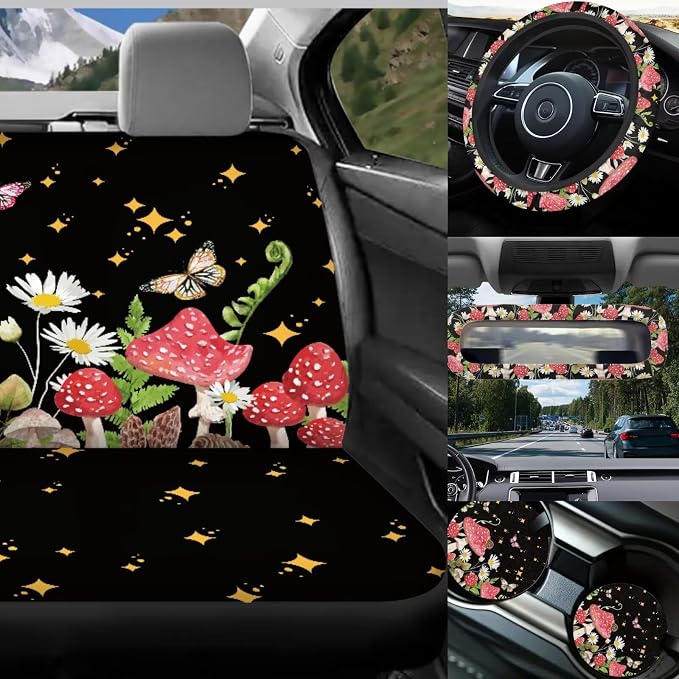 17 Pieces Mushroom Car Seat Covers Full Set for Women Girly,Starry Sky Mushroom Car Accessories Set with Steering Wherl Cover Seat Belt Cover Pad Car Headrest Cover Cup Coaster Sets