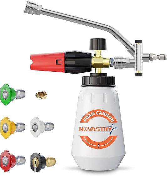 High-Pressure Washer Foam Cannon Accessory, Features a Dual-Connector Design, Includes a 1-Liter Capacity Bottle(0.26 Gallons), 5 Nozzles, and an Extension Rod