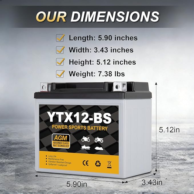 YTX12-BS Motorcycle Battery 12V 10Ah, 180 CCA Sealed AGM Rechargeable Maintenance Free Battery, Replacement for ATV, Scooter, 4 Wheeler, ETX12, GTX12-BS