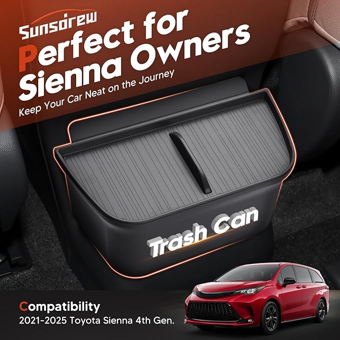 Sunsdrew 2021-2025 Toyota Sienna Trash Can, Waterproof Car Trash Bin with Lid & Cup Holder Organizer, 2-in-1 Garbage Can Storage for Toyota Sienna L LE SE XLE Limited Woodland Accessories