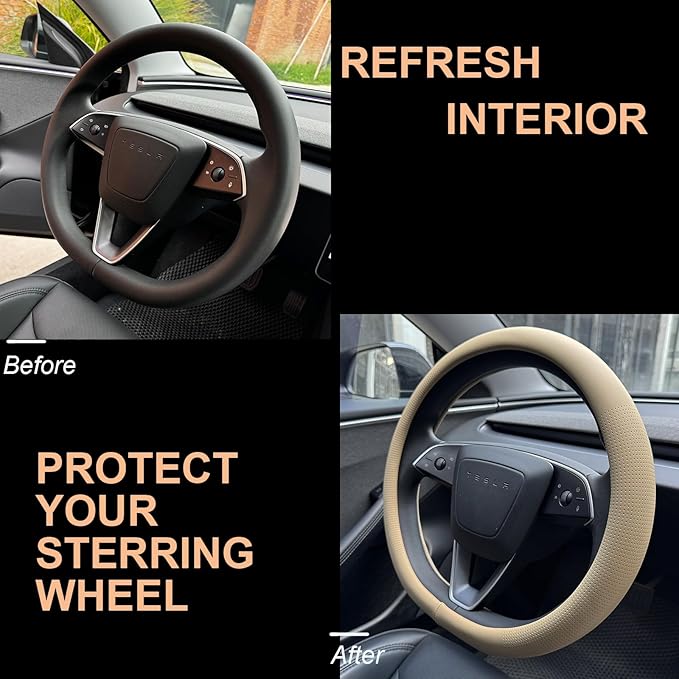 PINCTROT Nappa Leather Steering Wheel Cover for Tesla Model Y/3 Highland/Juniper, D Shaped 14 Inch Small Sized with Breathable Perforation, Fit Like Gloves, Flat Bottom 14 Inch(Nappa Light Taupe)