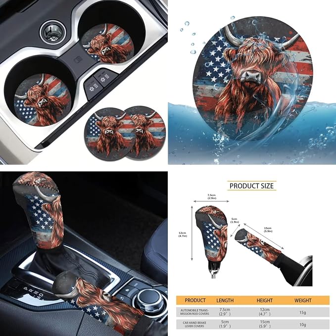 Tupalatus American Flag Highland Cow Car Seat Covers Full Set Fashion Car Interior Accessories Steering Wheel Cover Auto Seat Belt Cover Coasters Gear Shift Cover Hand Brake Cover 9 Pieces