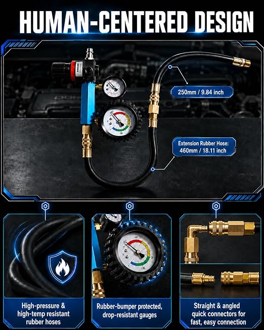 47PCS Compression and Leakage Tester Kit for Diesel & Petrol, Dual Gauge Compression & Leak Down Test, 0-700 PSI / 0-50 Bar, Compression Cylinder Leakdown Test Kit for HDI, TDCi, Pumpe Duse