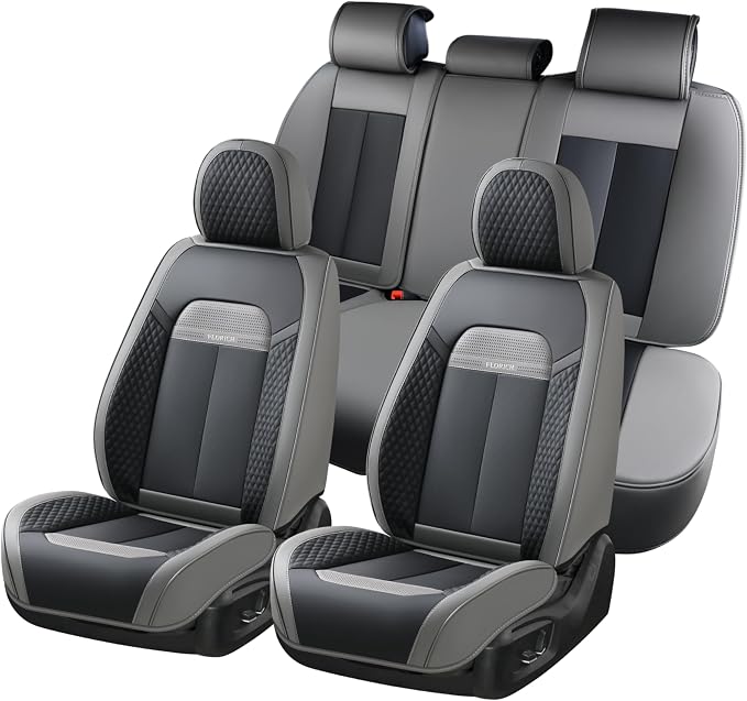 FLORICH Full Set Car Seat Covers 5pcs, Breathable Waterproof Nappa Leather Seat Covers, Gary Seat Covers, Automotive Interior Cover Universal for Cars SUV Truck Sedan - Gary&Black