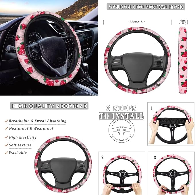 Howilath Strawberries Print Car Seat Cover Full Set with Steering Wheel Pads/Seat Belt Cushion/Keychains/Cup 13 Piece Auto Accessories Universal Fit All Seasons