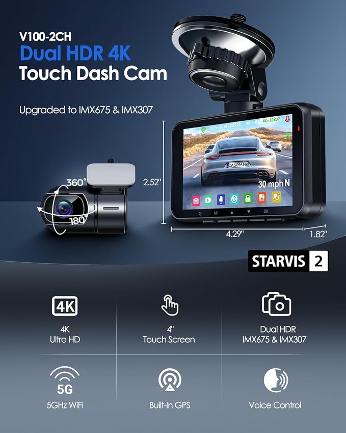 HUPEJOS 4K Dual Dash Cam Front and Rear, Camera for Cars with STARVIS 2 Sensor, 4” Touch Screen Dashboard Camera Built-in 5G WiFi GPS, Free 64GB Card, Voice Control, Night Vision, 24H Parking Mode