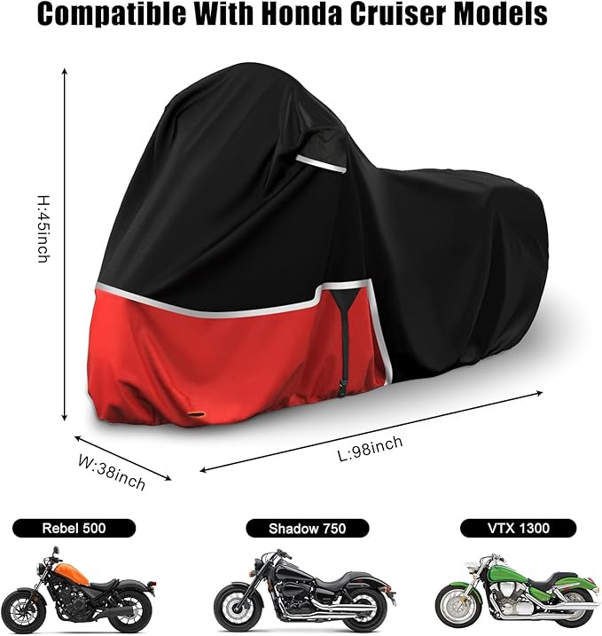 Waterproof Motorcycle Cover Replace for Honda Rebel 300 500 1100 and Shadow 750/ Vtx 1300 /Fury, 420D Oxford Cloth Motorcycle Cover for Snow Rain Dust Protection