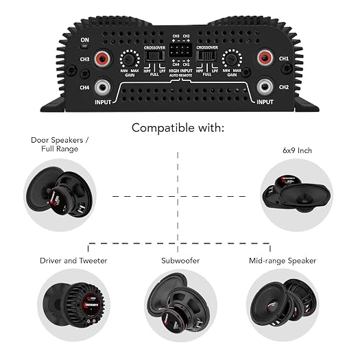 Taramps TS 800x4 2 Ohms Black Multichannel Stereo Amplifier 800 Watts Rms, 4 Channels, Full Range, Car Audio Digital 2 Bridged Channel, Crossover High/Low Pass, with RCA and Automatic High Level Input