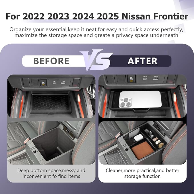 LUWU 2025 2026 Frontier Accessories for 2022 2023 2024 2025 2026 Frontier S/SV/Pro-X/Pro-4X/SL Accessories Front Center Console Tray, Armrest Storage Box Center Console Organizer Black 2-Pack