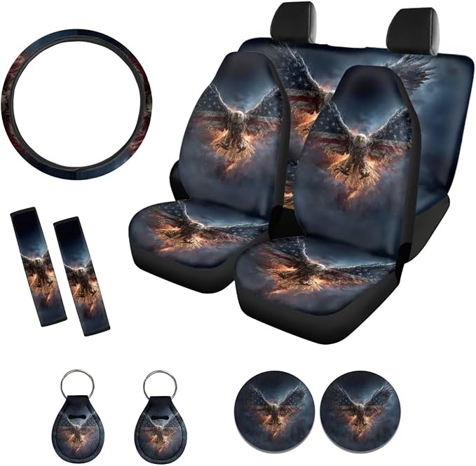 Xoenoiee Bald Eagle American Flag Print Car Seat Covers and Accessories, Front Rear Seat Covers, Steering Wheel Cover, Seat Belt Pads, Coasters, Keychains for Car SUV Decor, 11 PCS Set