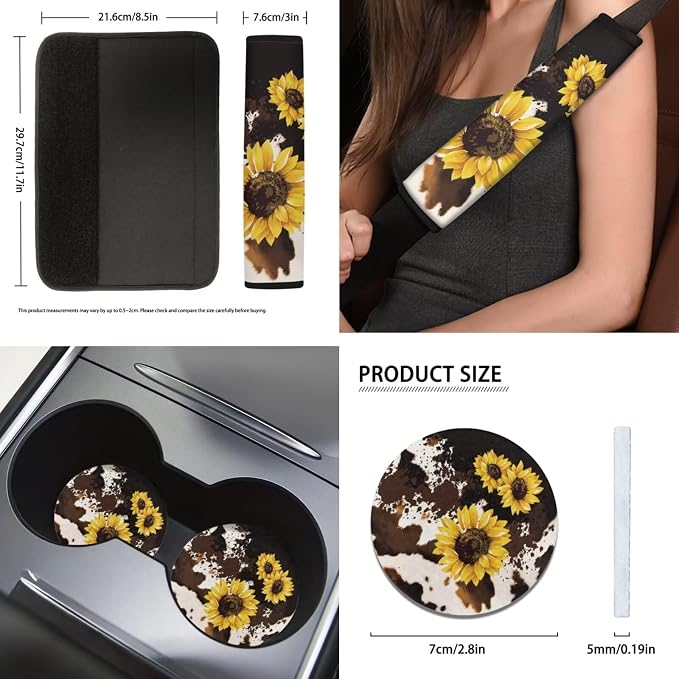 Cow Sunflower Seat Covers for Women,11pcs Cow Car Seat Covers Accessory Full Set Interior Decor,with Cow Keychain,Steering Wheel Cover,Seat Belt Pads,Cup Holder Mats Universal Fit
