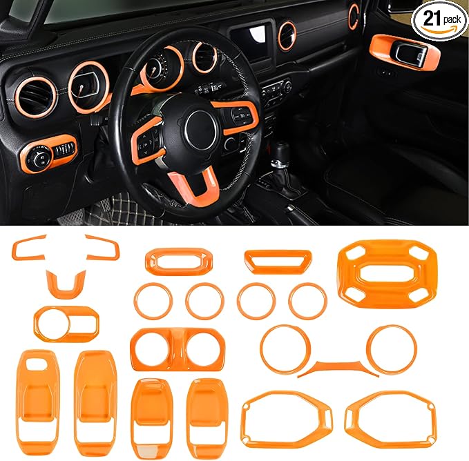 CheroCar 21PCS Full Set Interior Decoration Trim Kit for 2018-2026 Jeep Wrangler JL JLU & Gladiator JT Steering Button Frame, Air Conditioning Vent, Reading Light, Speaker (Orange)