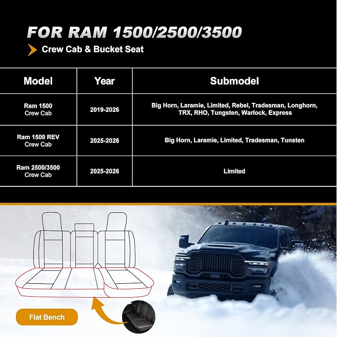 TTX LIGHTING Seat Covers Fit for Dodge RAM : 2012-2025 2026 Compatible with RAM 1500 2500 3500 Crew Quad Regular Cab Front Truck Pickup Car Seat Covers(2PCS Front, Blackline, Flat Bench)